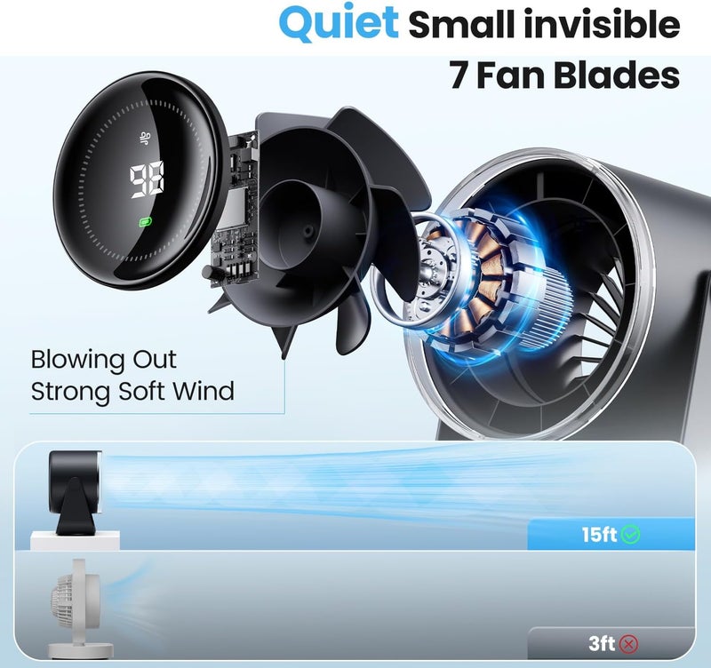 wsken Desk Fan with Battery Operated, Quiet Digital Display Portable Fan for Office, Bedroom, Kitchen, Home, Outdoor, 100 Speeds 115° Tilt Small Travel Camping Table Fan,Bluish Black - Image 3